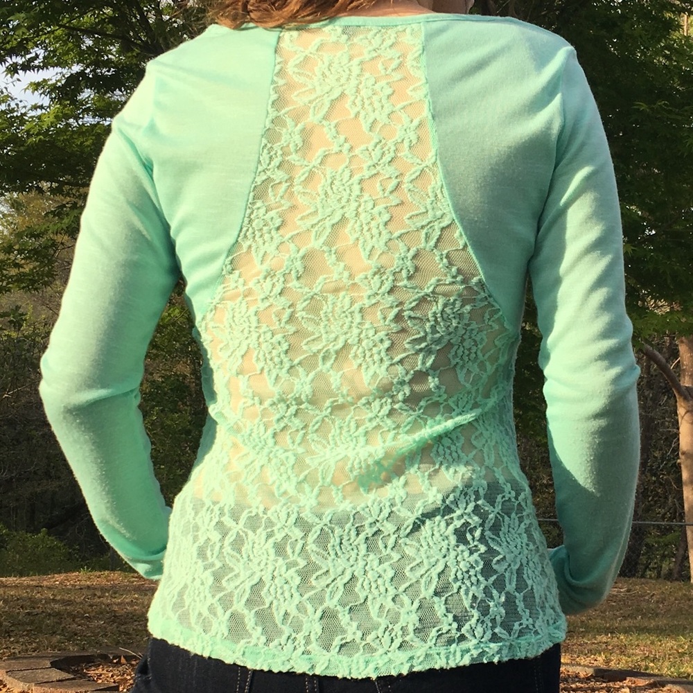 SALE❗️Light Blue Top With Sheer Lace Back